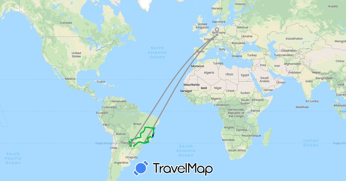 TravelMap itinerary: driving, bus, plane, boat in Brazil, Germany, Paraguay (Europe, South America)